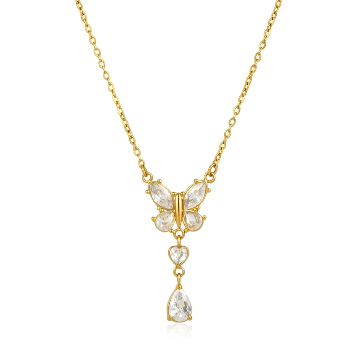

Delicate Zircon Butterfly Heart Water Drop Necklace For Women 18K Gold Plated Stainless Steel Necklace Fashion Jewelry