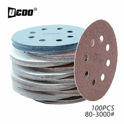 UCDO 50/100Pc 125mm Round Sandpaper 80-3000 Grit Waterproof 8 Hole With Velcro Wet and Dry Polishing Flocking Sandpaper For Wood