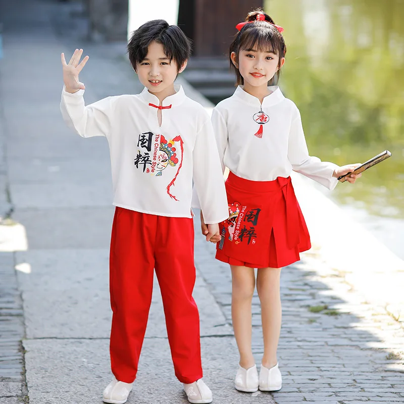 Boy And Girl Autumn Oriental Vintage Button Hanfu Kid Chinese Style Traditional Two Piece Suit Performance Role Play Dresses