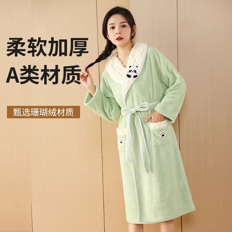 Generic Womens Long Sleeve Collar Bathrobe Coral Fleece Absorbent Quick Dry Loungewear With Belt For Home Hotel Shower Use