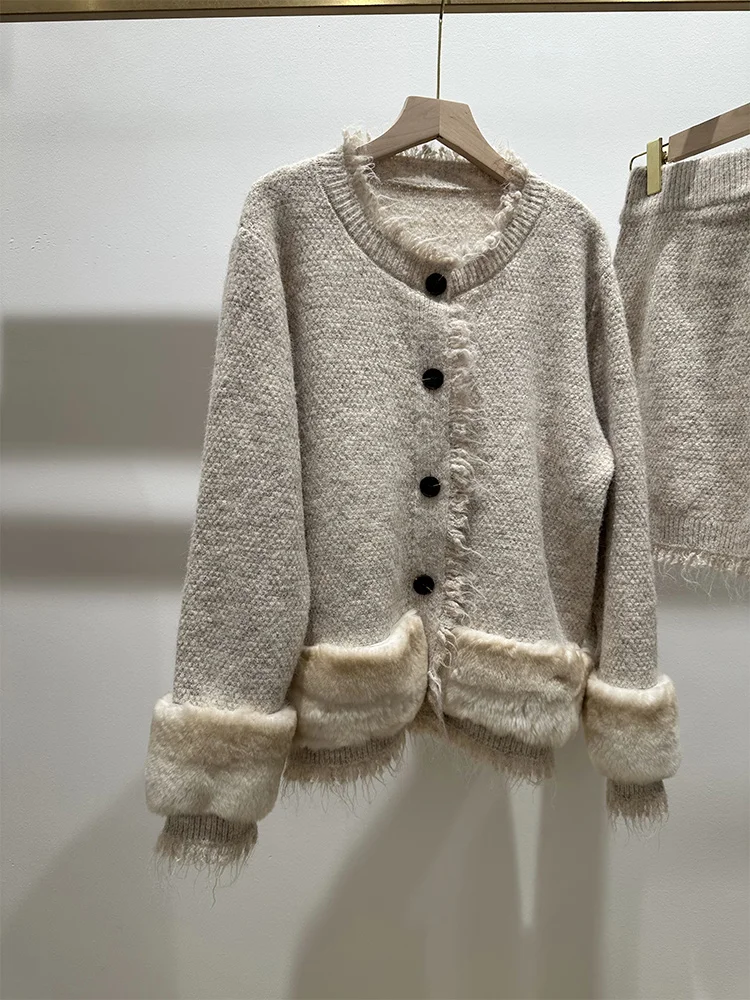 New Autumn Knitted Sweater Real Fox Fur Stripe Pullover With Skirt Suit Loose Coat Outwear Female Luxury Jacket - view 3