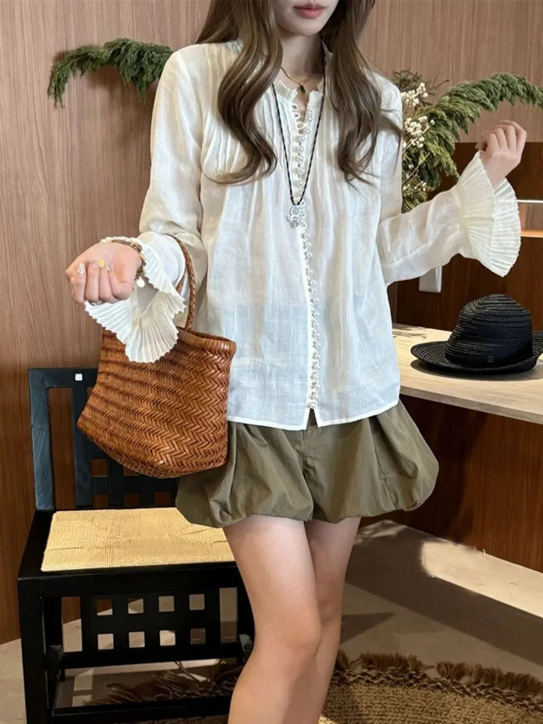 

Женская блузка Ele Pearl Button Bell Sve с воротником-стойкой, однорядная, с плиссировкой, дышащая, свободного кроя, с длинными рукавами