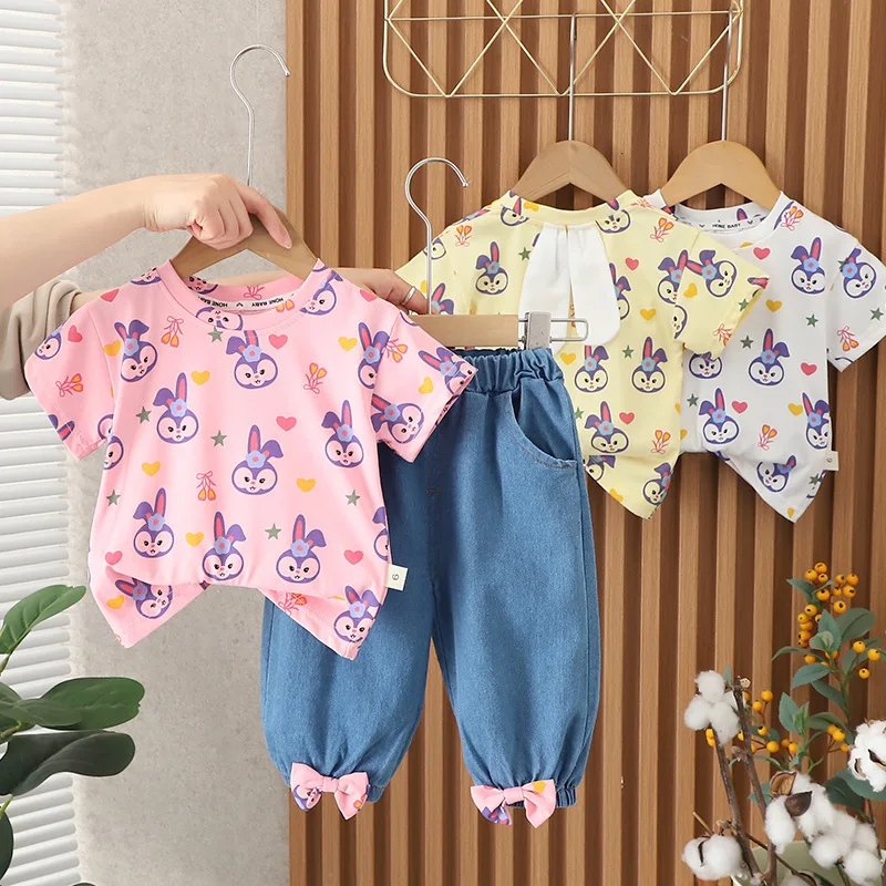 

2023 Summer New Girls' Full Printed Rabbit round Neck Short Sleeve Suit Baby Girls' Casual Denim Trousers Two-Piece Suit