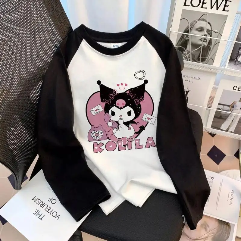 

Sanrio New Style Kuromi Pure Cotton Japanese Raglan Sleeves Round Neck Long Sleeves T Shirt Girls Splicing Loose Fashion Tops