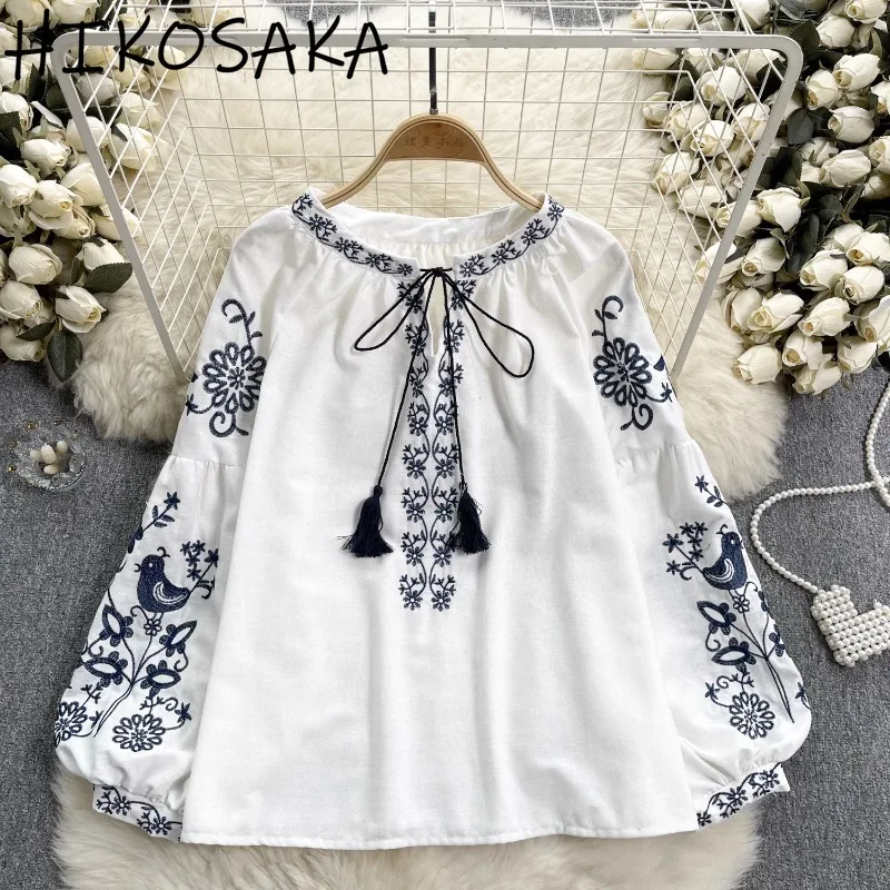 Aesthetic Chic Floral Embroidery National Style Casual Shirts O-neck Lace-up Lantern Sleeve Loose Blouses Women Autumn Lady Top