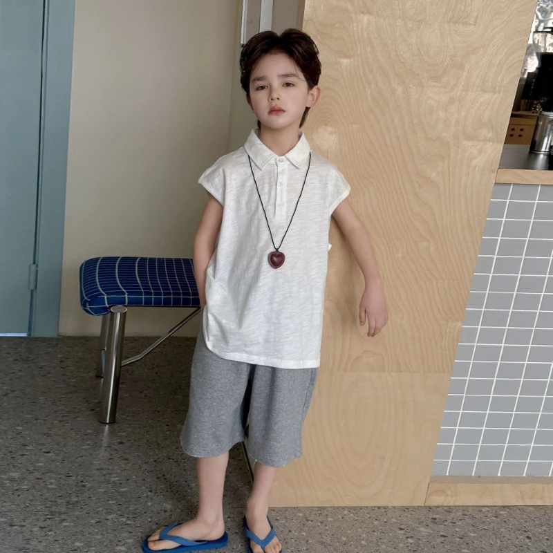2026 Summer New Children's Bamboo Cotton Collar Soft Sticky Solid Color Tank Top and Grey Pants Two Piece Set