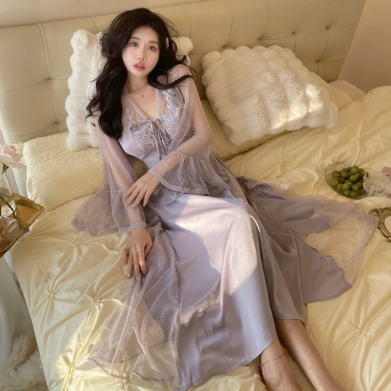 2024 Summer Silk Satin Long Sleeve Sexy Lace Lingerie V-neck Nightgowns for Women Korean Sleepwear Night Dress Nightdress Nighty