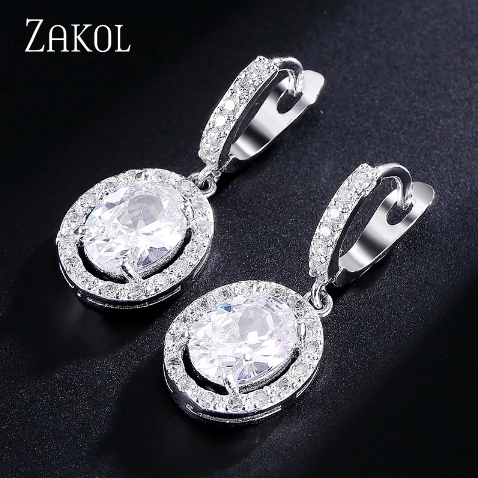 

ZAKOL Fashion Silver Color Cubic Zirconia Round Drop Earring for Women Wedding Bride Trendy Jewelry Accessories