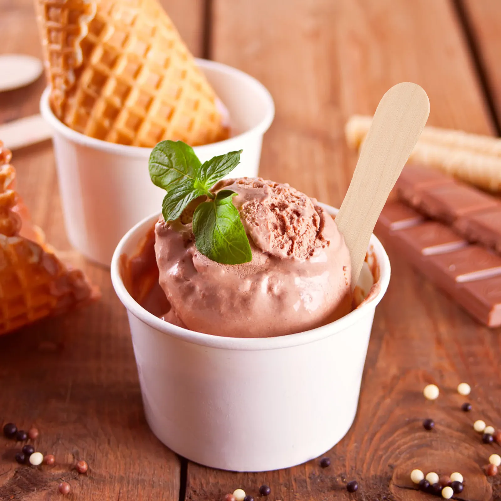 100Pcs Wood Ice Cream Spoons Smooth Straight Strong Natural Wooden Dessert Spoons for Tasting Sampling Ice Cream Hot Cocoa