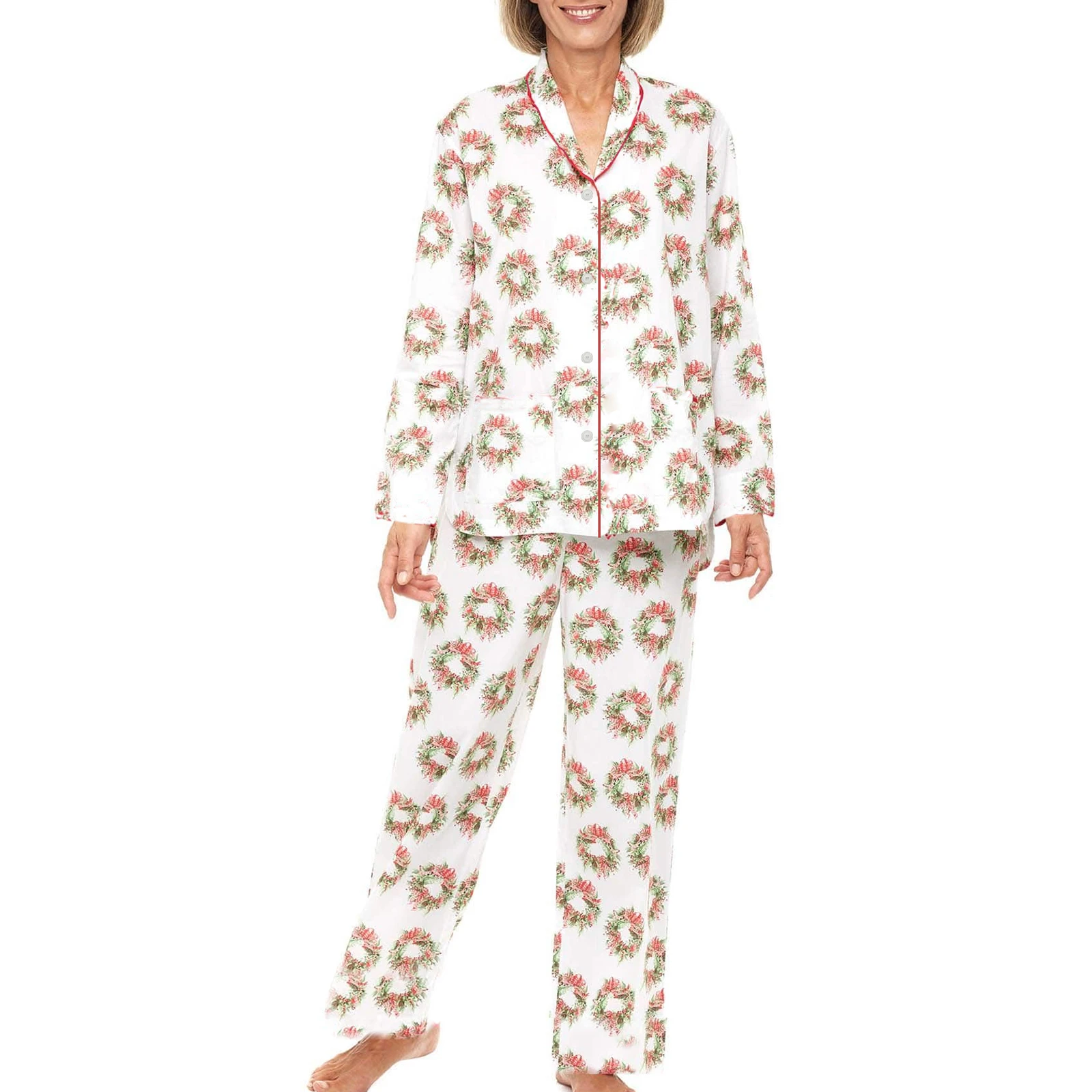 HEZIOWYUN Women’s 2 Piece Christmas All-over Printed Pajama Set Scalloped Trim Long Sleeve Button Up Shirt + Pants Loungewear