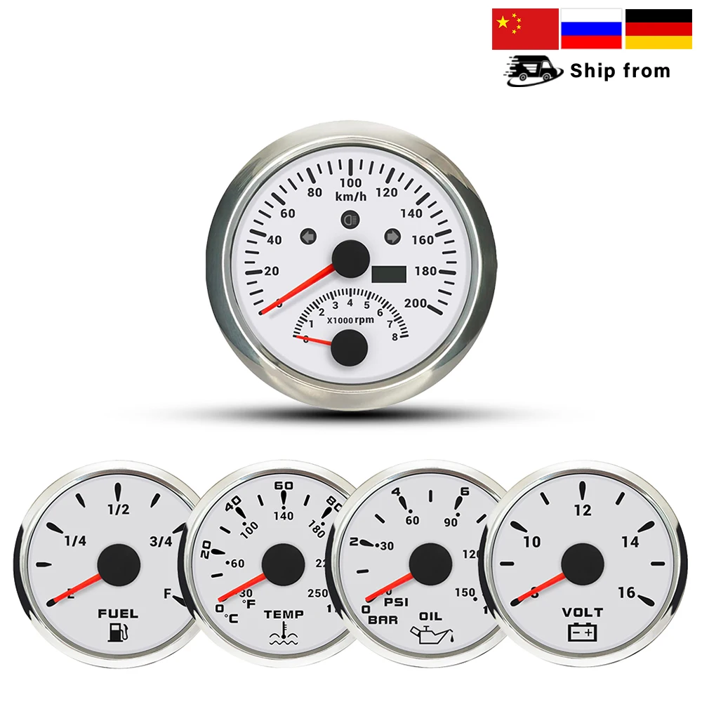 ELING Marine 5 Gauge Set 85mm GPS Speedometer 200km/h with Tachometer + 52mm Water Temp Oil Pressure Fuel Level 8-16V Voltmeter