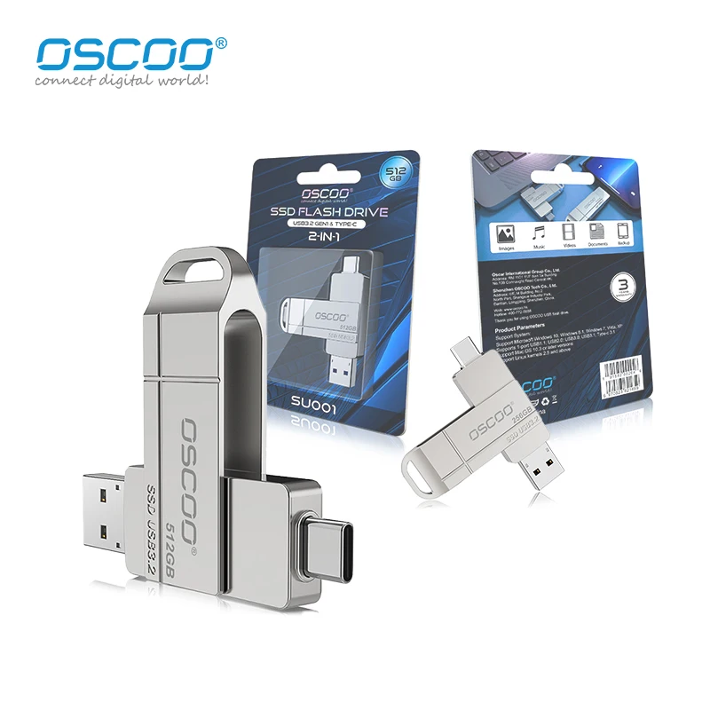 OSCOO SSD USB-Flash-Laufwerk SU001 USB3.2 Gen1 & Typ C 256 GB 512 GB Externes SSD-Flash-Laufwerk Pendrive TypeC Lesegeschwindigkeit bis zu 550 MB/s