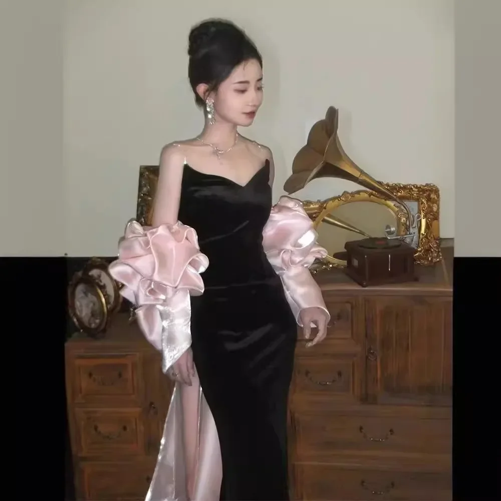 

French Retro, Elegant, Fashionable Black Evening Dress, New High-end Velvet Puff Sleeves, Long Fishtail Contrasting Dress