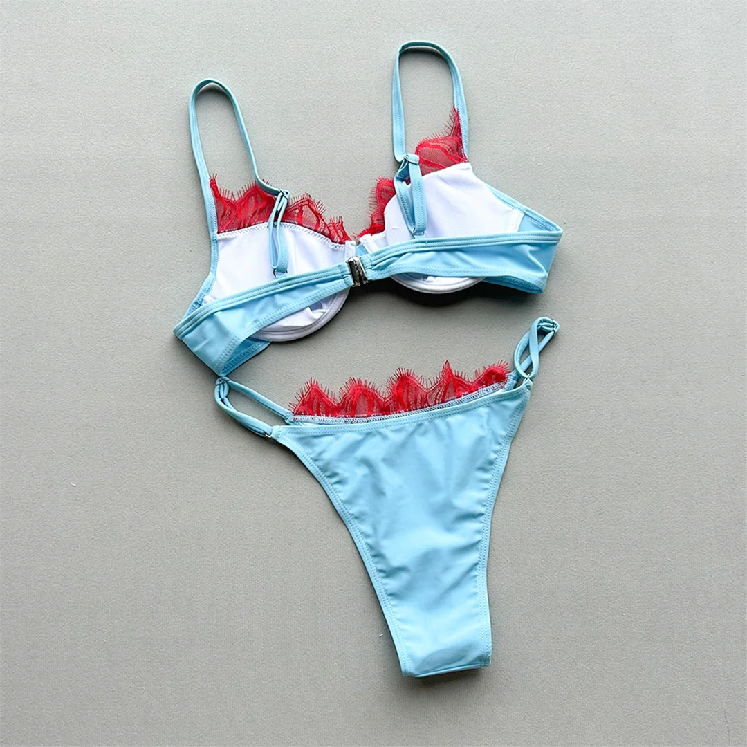 Mit Polka-Dot-Rock, Spitze, Bikini, Damen-Badebekleidung, dreiteiliges Bikini-Set, Badeanzug, Badebekleidung, Schwimmbekleidung V8464 – Detail 12