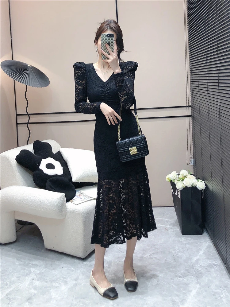 Chic Korea Long Mermaid Dress Party Girls Women Ruffled Bodycon Elegant Office Lady Basic Wear Feminine Vestidos