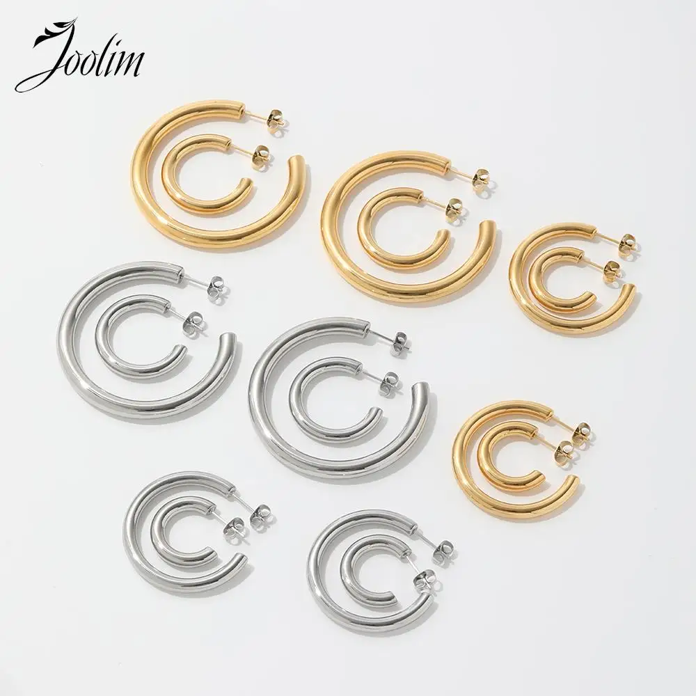 Joolim Jewelry High End PVD Waterproof & Tarnish Free Minimalist Fashion Simple C-shaped Hoop Stainless Steel Earring