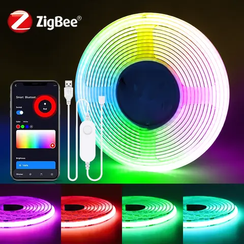 Zigbee 3.0 Tuya Smart 5V USB RGB COB LED Strip Light 576LEDs/M Dimmable Voice Control Work with Alexa Echo Google Home Assistant