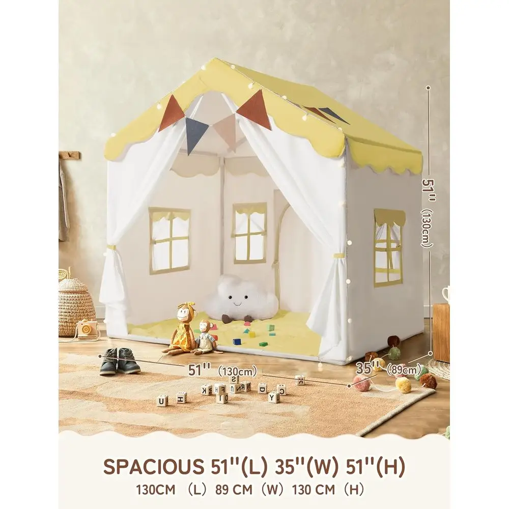 Tenda da gioco per bambini 2 in 1 con tappetino imbottito e luci, casetta da gioco per bambini grande con 2 ante e 4 finestre, per interni ed esterni, gialla