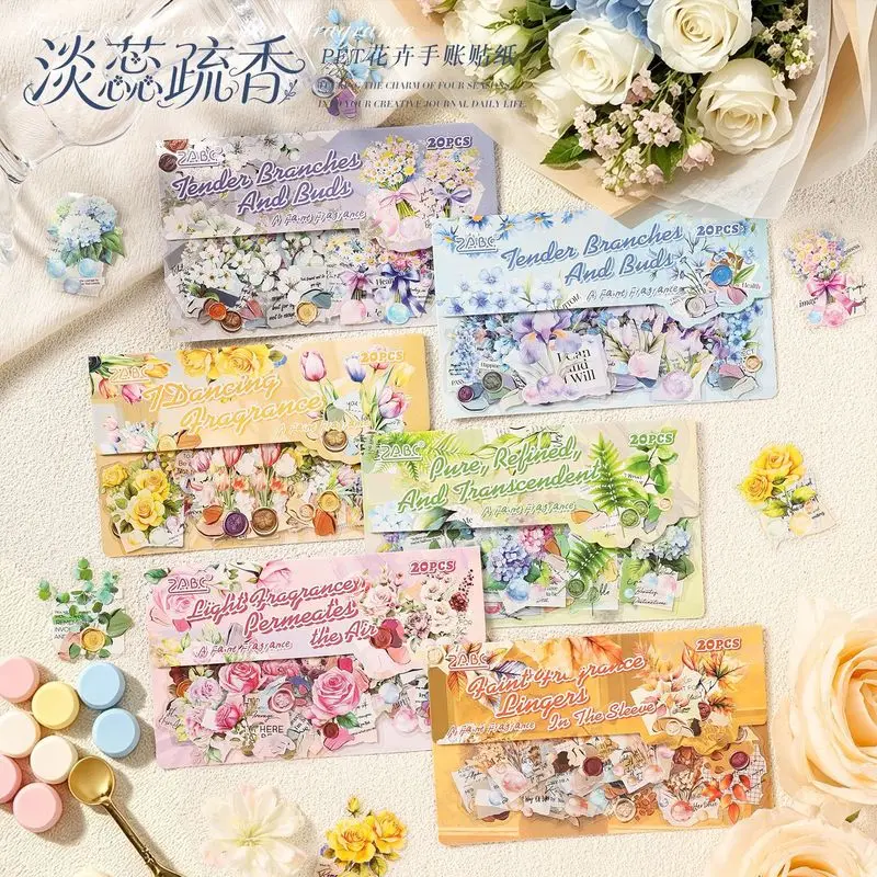 20Pcs White Flower PET Stickers Faint Fragrance Butterfly Phrase Decorative Stickers for Diary Album Scrapbooking