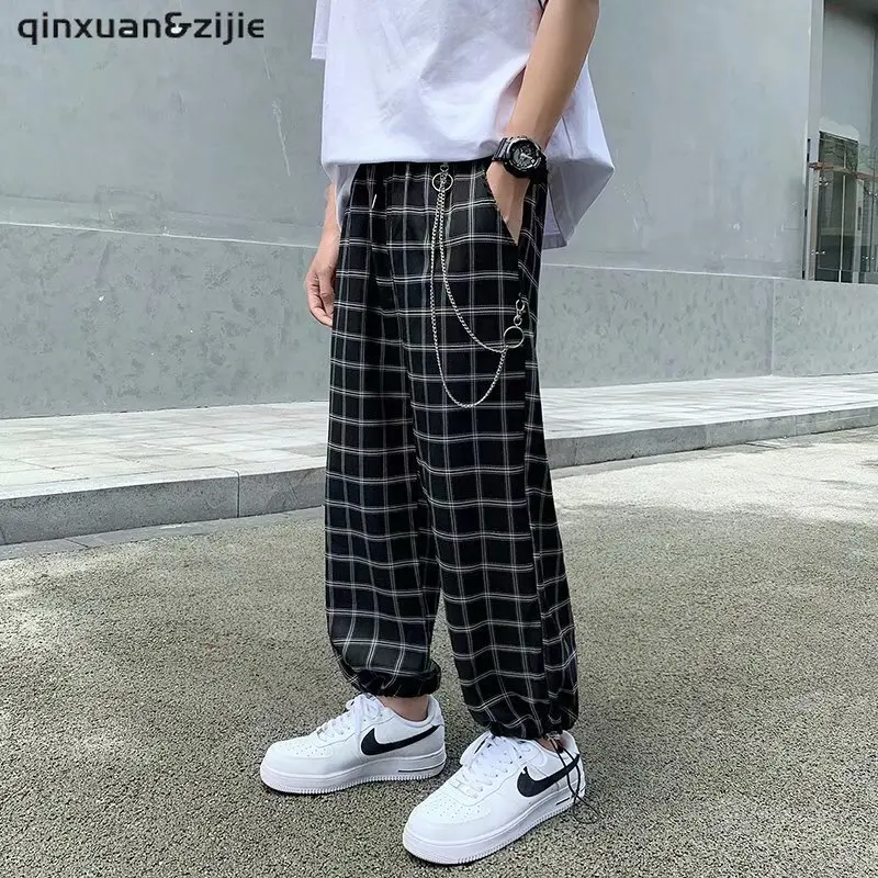 

2022 Plaid With Chain Wide Leg Pants Harem Pants Streetwear Men Spring Autumn Hip Hop Casual Trousers Fashion Male Pants