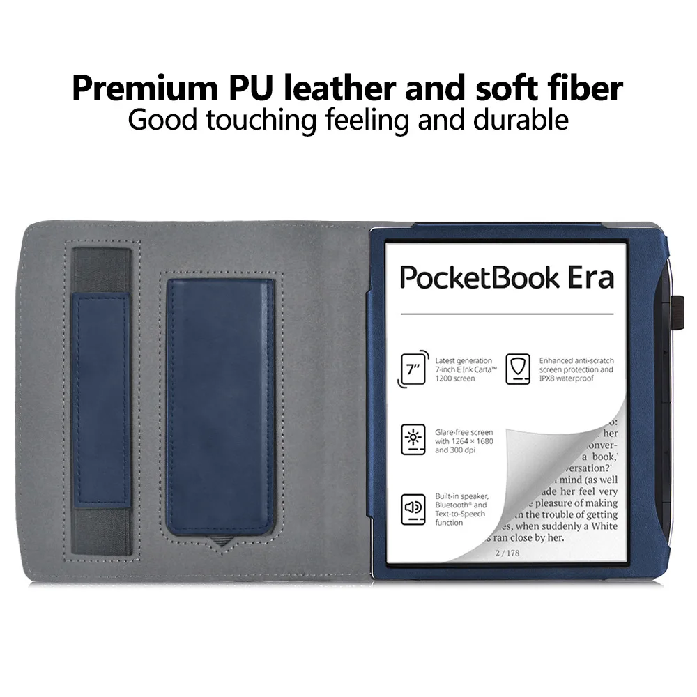 For PocketBook Era (2022) / Era Color Case Kickstand PU Leather E-Reader Cover with Hand Strap - Blue