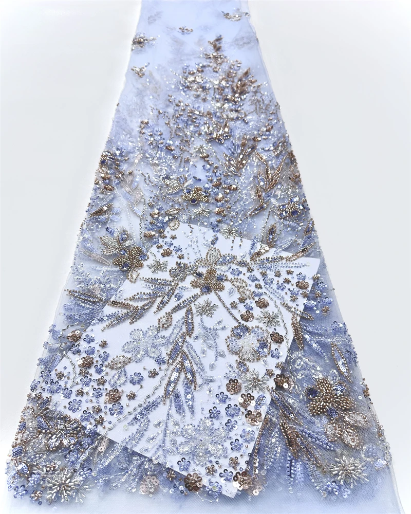 

African Bridal Lace Fabric with Sequins Beaded Embroidery High Quality French Tulle for Wedding Groom Nigerian Style