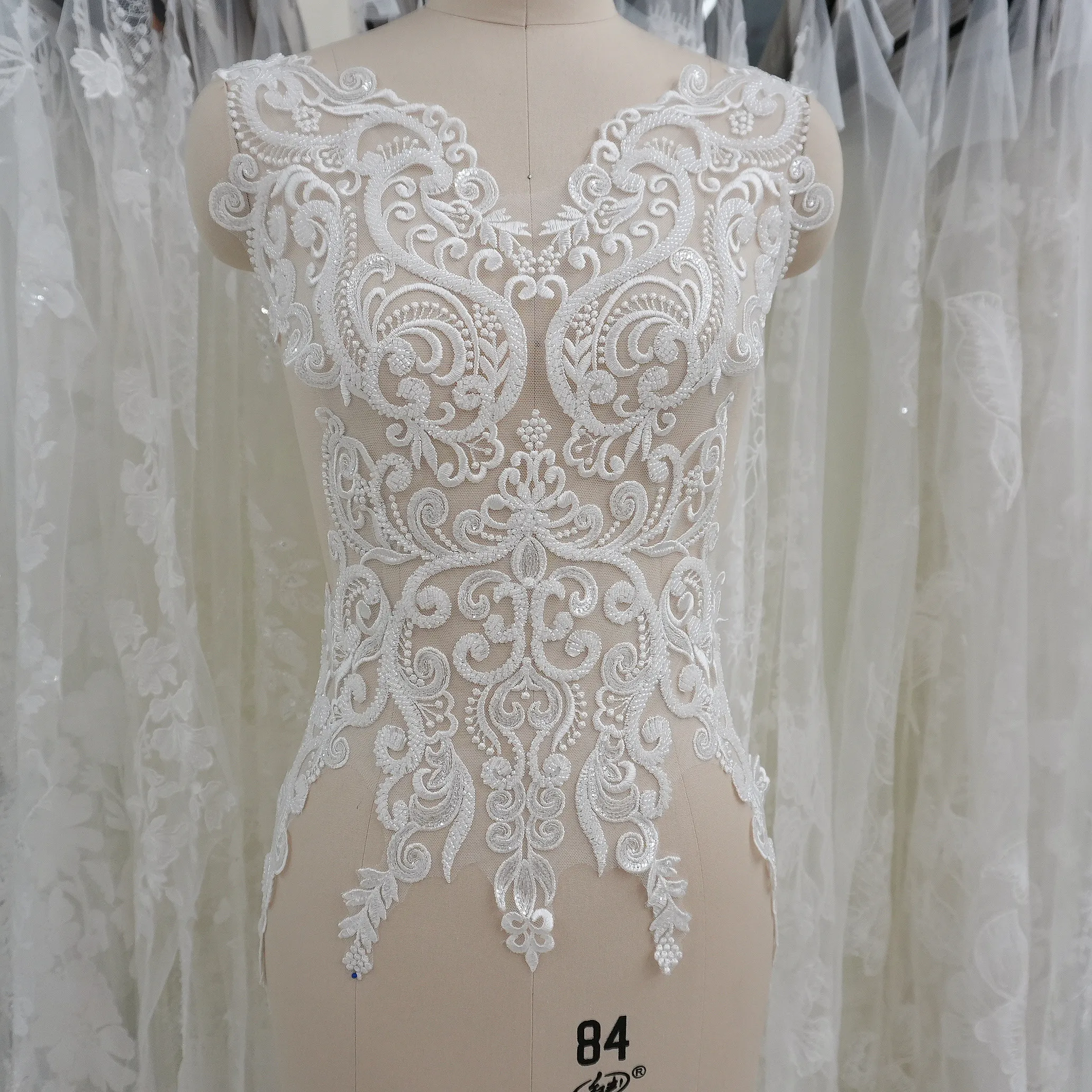 

Bridal Lace Fabric with Floral Hollow Out DIY Embroidered Beads Sequin Front Chest Decor Appliqued Wedding Dresses Accessories