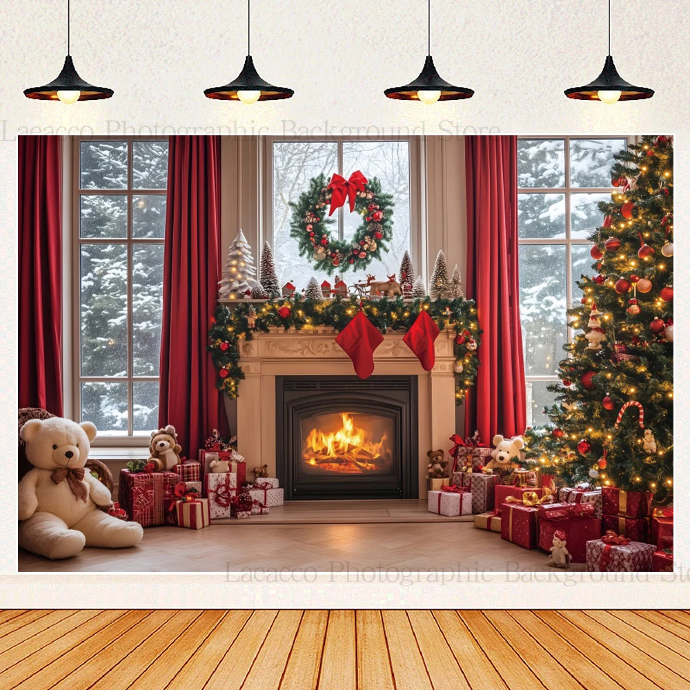 Red Christmas Fireplace Background Photography Wreath Red Christmas Tree Bells Gifts Winter Family Portrait Photo Booth Backdrop