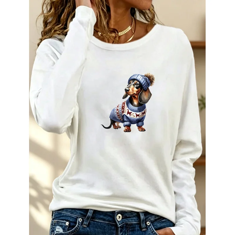 Women's Long Sleeve T-Shirt Cute Dachshund In Winter Knit Hat Fair Isle Sweater Graphic Crew Neck Slim Fit Fall Winter Tops