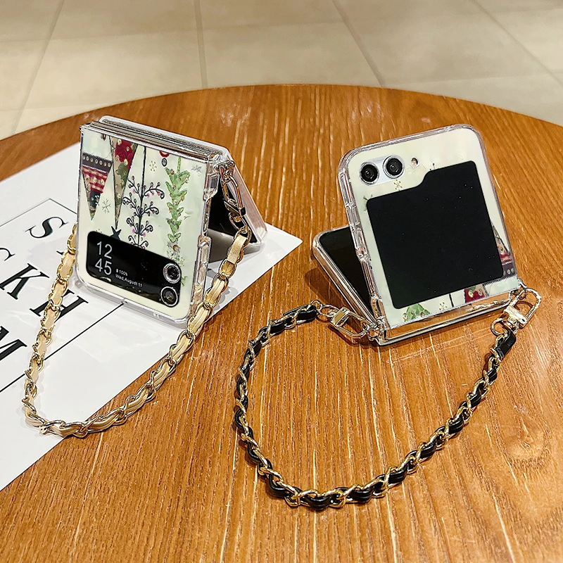 حافظة معدنية بحبل لهاتف سامسونج جالاكسي Z Flip7 Flip6 Flip5 Flip4 Flip 7 FE 6 5 4 3 5G نمط شجرة عيد الميلاد غطاء هاتف من البولي يوريثان