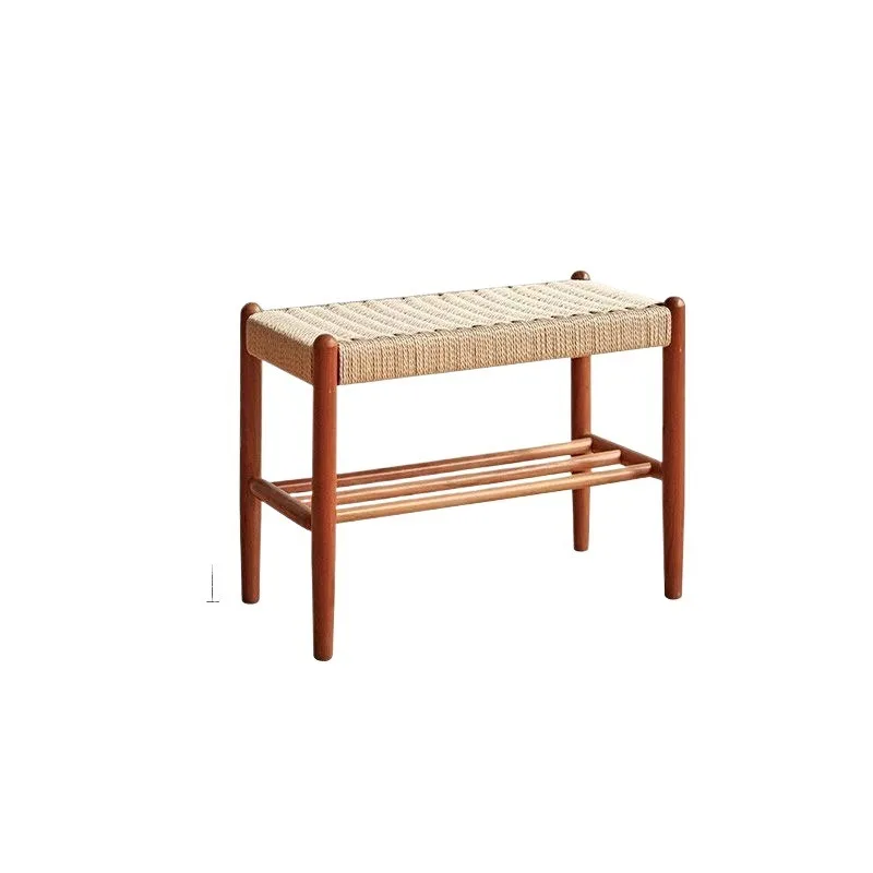 Nordic Japanese rubber wood solid wood shoe changing stool, woven low stool, storage stool entry door double-layer shoe rack