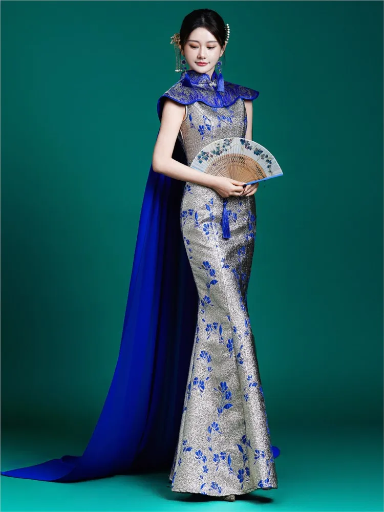 New Chinese-style cheongsam capes for fashion shows long fishtail skirts hosts
