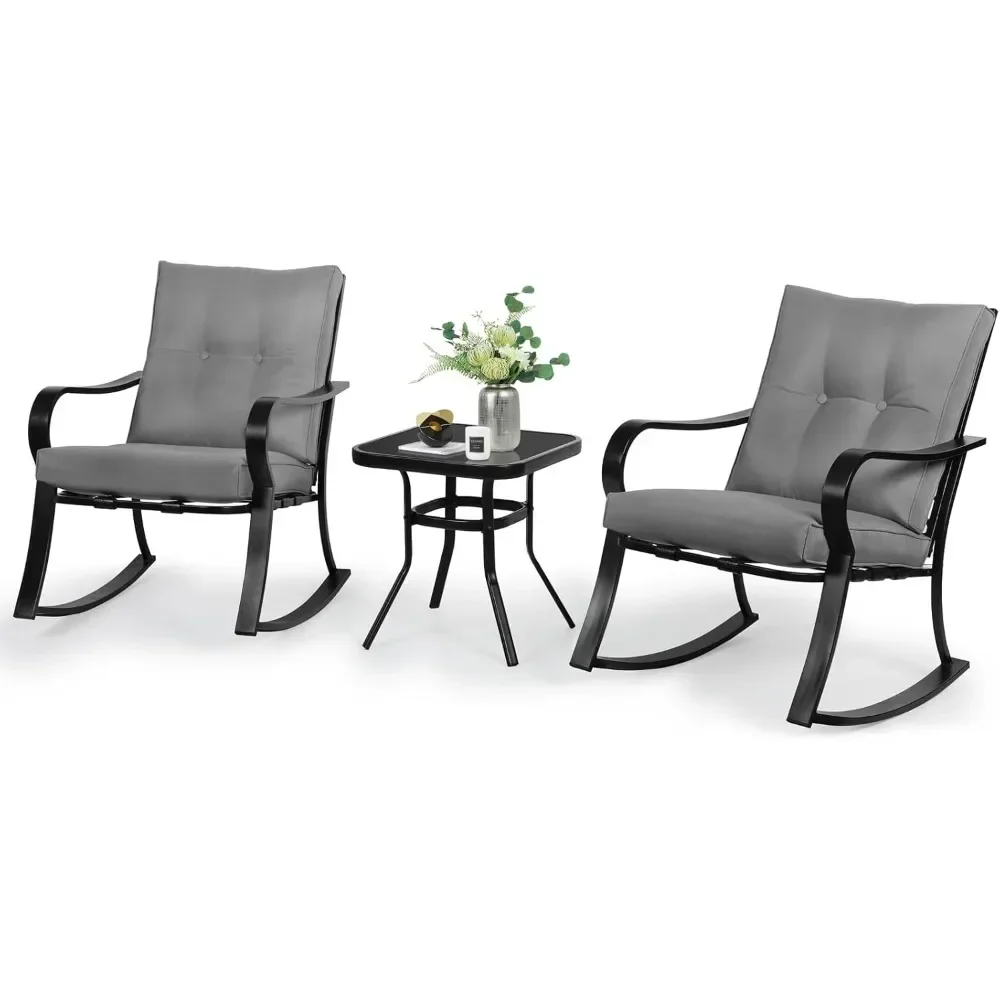 3-teiliges Bistro-Set mit Schaukelstühlen für den Außenbereich, Terrassenmöbel aus schwarzem Eisen mit grauem, verdicktem Kissen und Couchtisch mit Glasplatte