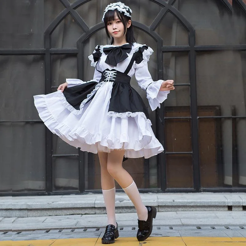 

Carnival Party Stage Cosplay Costumes Polyester Black and White Maid Uniform Set Japanese Kawaii Bow Lolita Lace Belted Dress