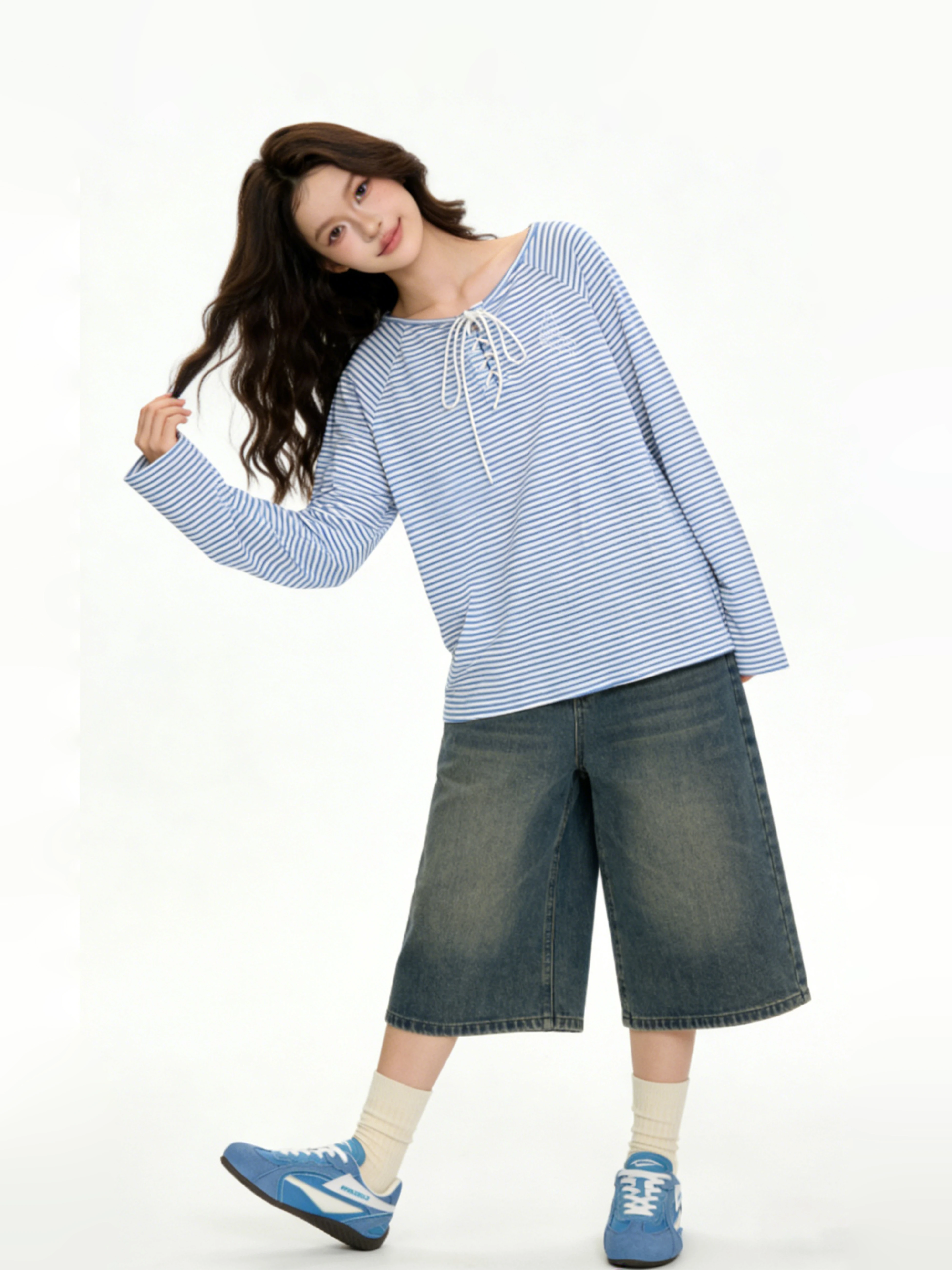 

Retro American Striped Long Sleeve T-Shirt Women's Loose Cool Casual Top with Belt V-neck Design Cotton Blend Spring Summer