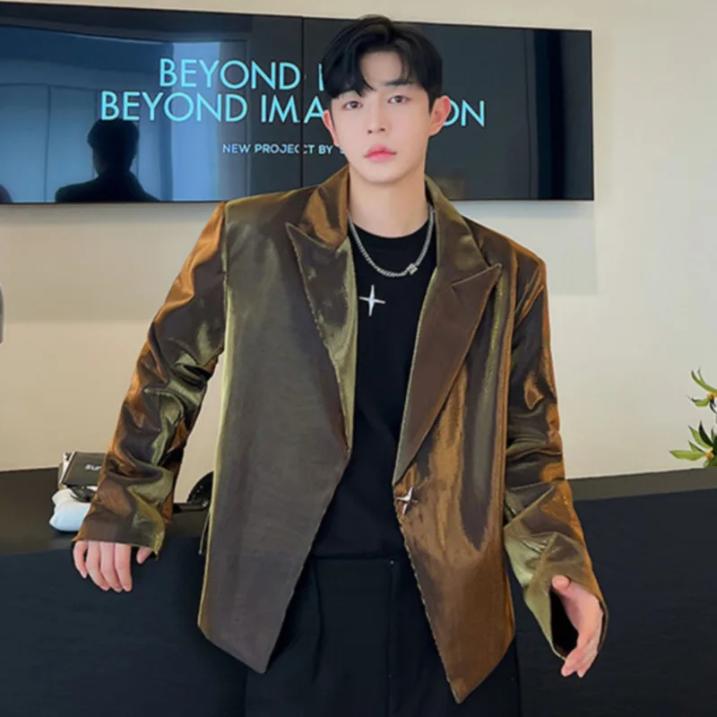 IEFB New Fashion Menwear Suit Jacket Turn-down Collar Male Korean Personalized Glossy Blazer Temperament Bright Surface 9C3765