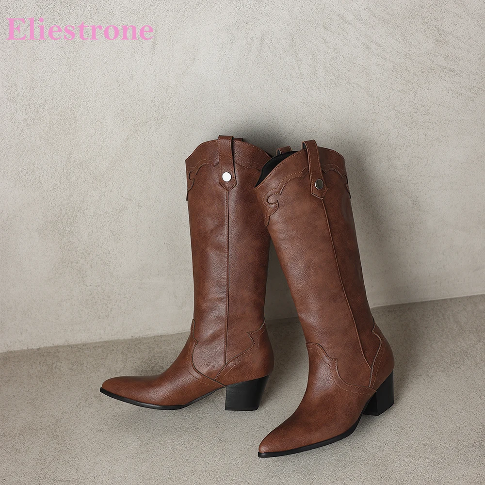 2026 Winter Mature Women Mid Calf Riding Boots High Chunky Heels Oversized Lady Party Shoes Large Size 10 43 46 Pointed Toe