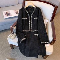 150Kg Plus Size Women's Bust 150 Autumn New Small Fragrant Coat And Strap Dress Two Piece Set Black 5XL 6XL 7XL 8XL 9XL