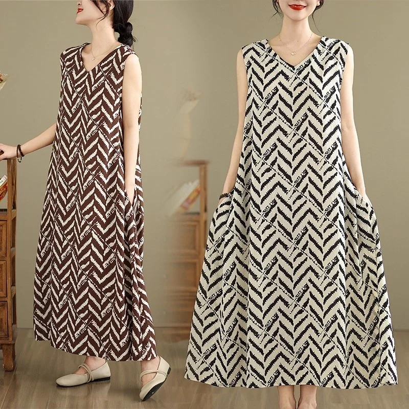 Simples sem mangas com decote em v colete vestido longo feminino verão casual sem mangas solto vestido tanque w172