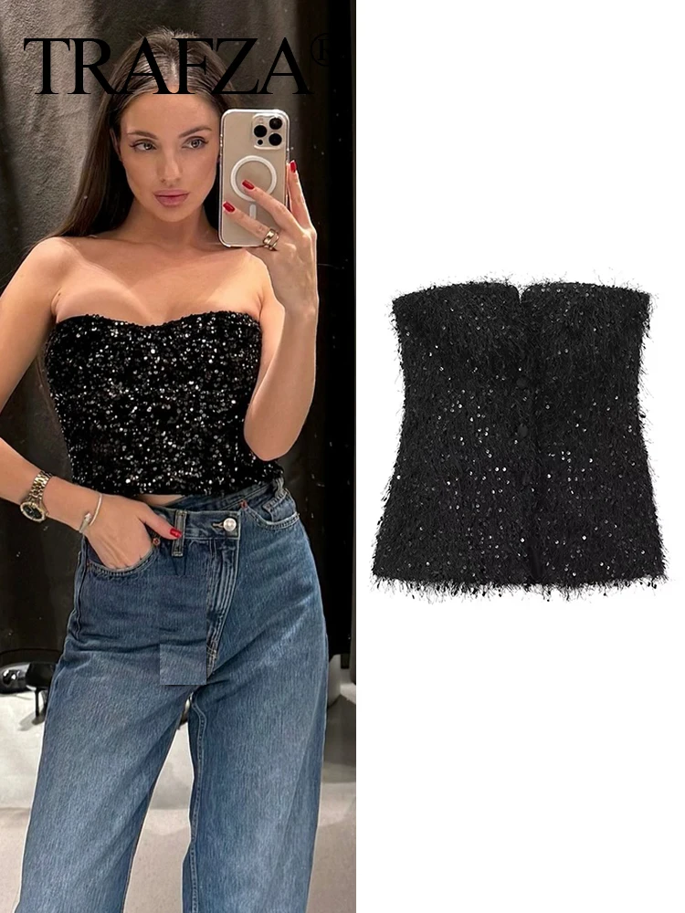 

TRAFZA Summer Tops Woman Trendy Black Sleeveless Backless Sequin Decoration Single Breasted Female Casual Sexy Tanks Top