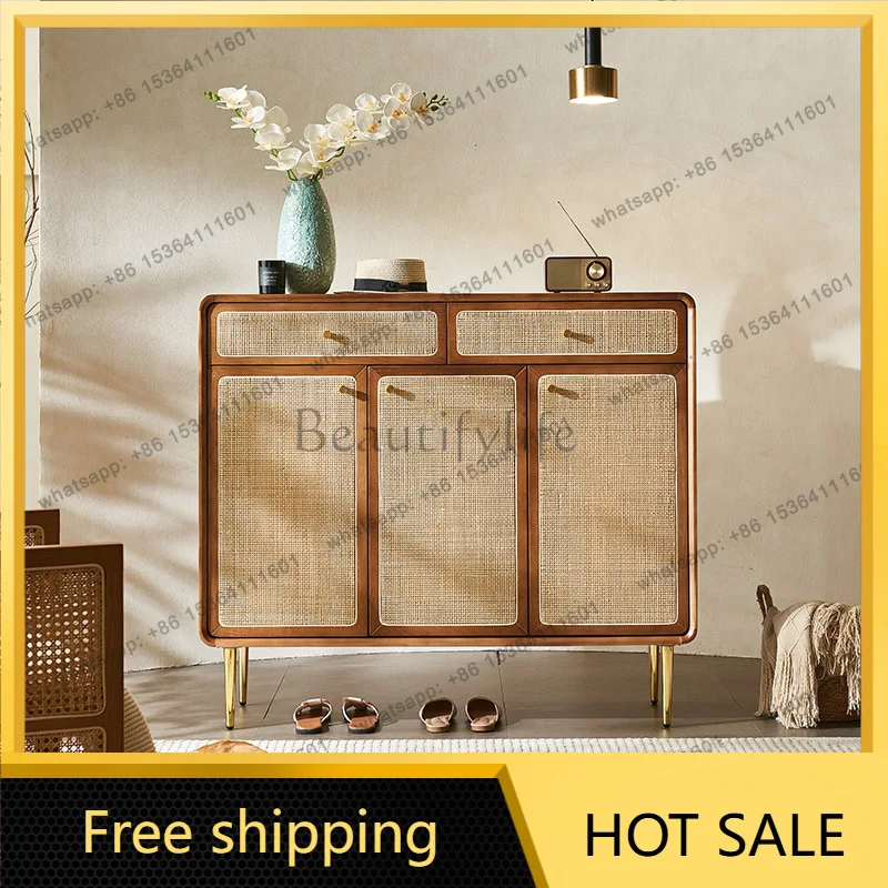 FG retro solid wood rattan shoe cabinet medieval wabi-sabi wind porch storage cabinet