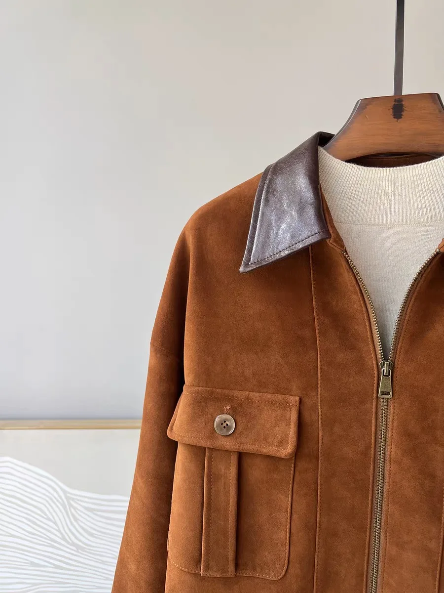 여성을위한 레트로 정품 키드 스웨이드 가죽 자켓 칼라 포켓 탄성 drawstring 셔츠와 100% 양피 슬림 피트 코트