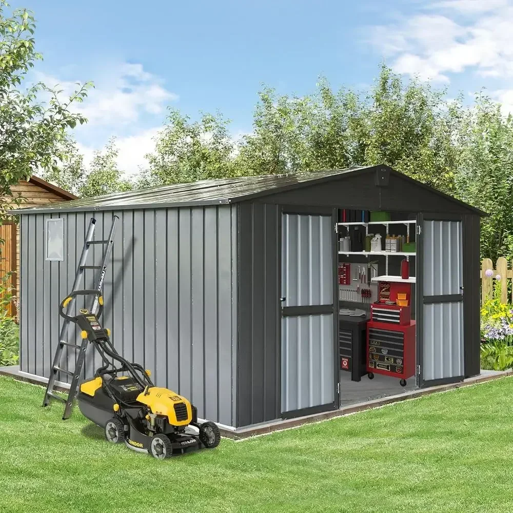

Large 11x12.5ft Metal Storage Shed with Lockable Double Doors and Air Vents for Bikes, Garden, and Outdoor Use in Grey