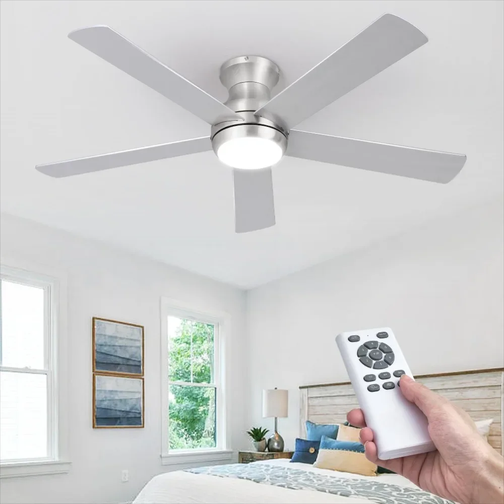 

52" Flush Mount Ceiling Fans with Lights and Remote Control, 5 Blades Low Profile Ceiling Fans LED Light for Bedroom