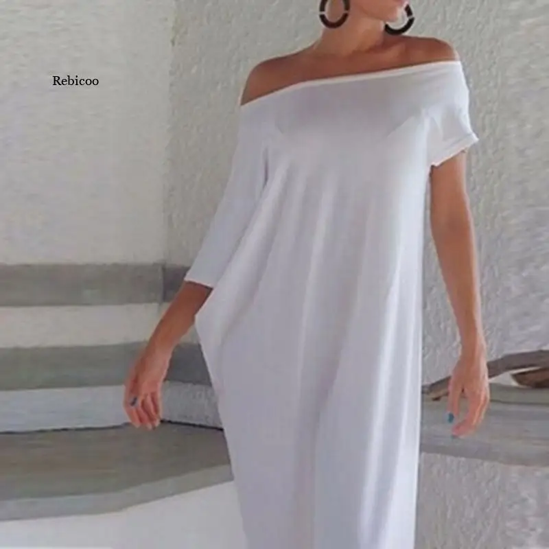 Short Sleeve Loose Plain Maxi Dresses White Vintage Long Dress Irregular Boho Beach Big Size Summer Spring Clothing