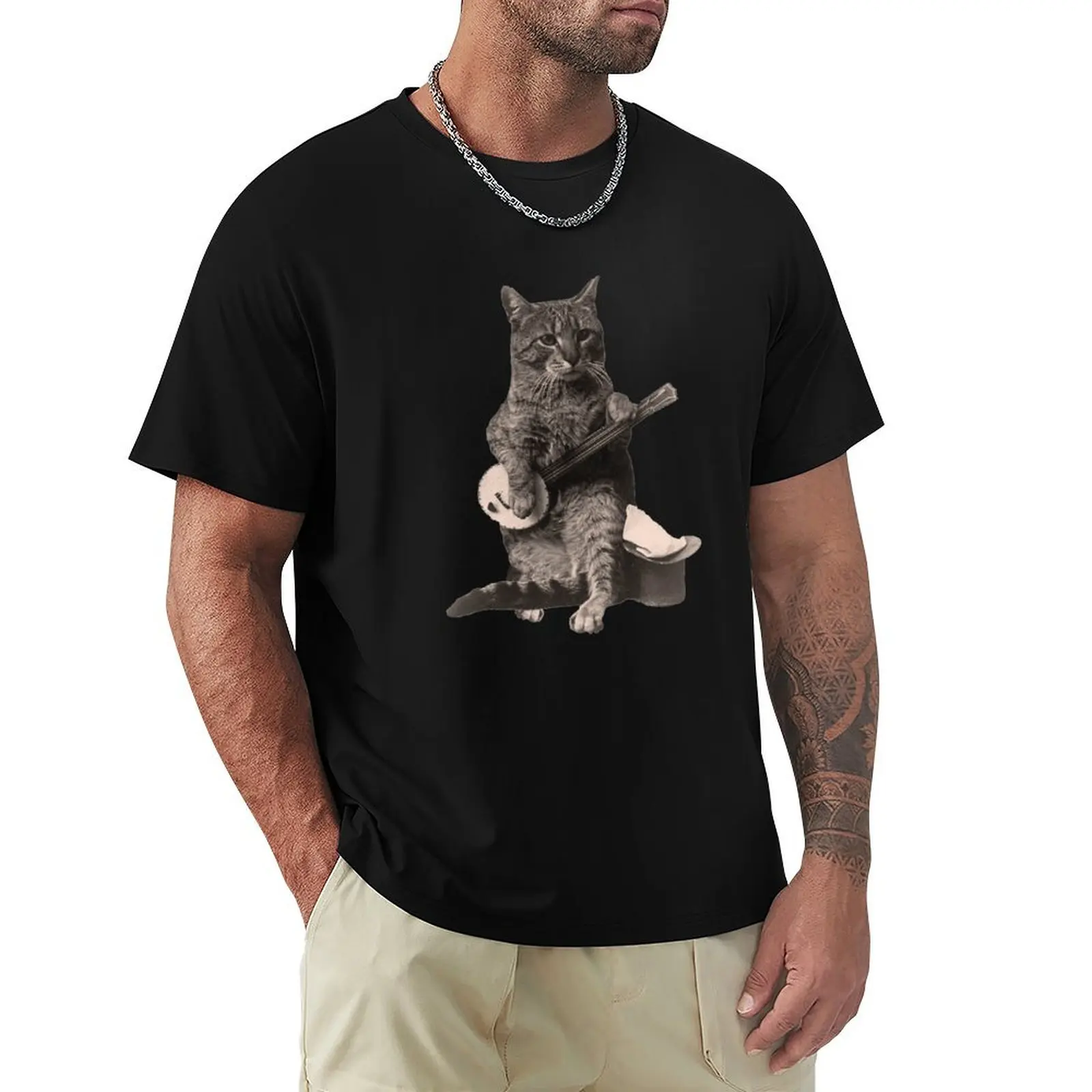 Cat Playing Banjo Guitar T-Shirt man t shirt oversizeds kawaii clothes mens cotton t shirts