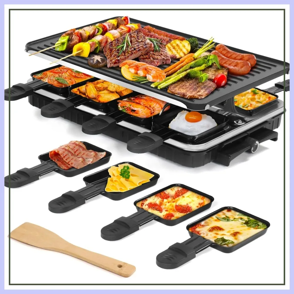 

2 in 1 Electric Griddle Nonstick with 8 Raclette Pans, 1300W Adjustable Temp, Indoor BBQ Grill