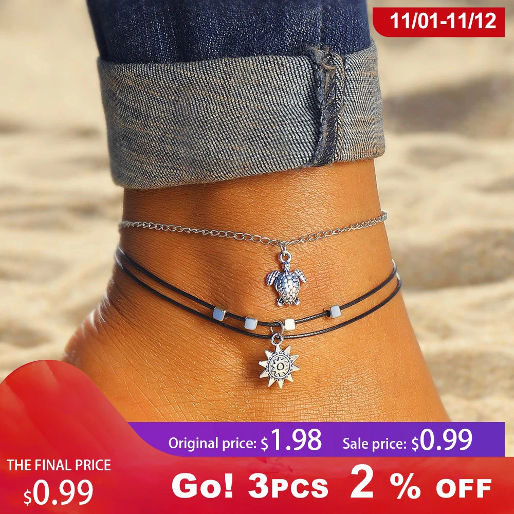 Vintage Multi Layered Turtle Pendant Anklet For Women Boho Sun Beads Charm Ankle Bracelet Summer Beach Leg Chain Foot Jewelry