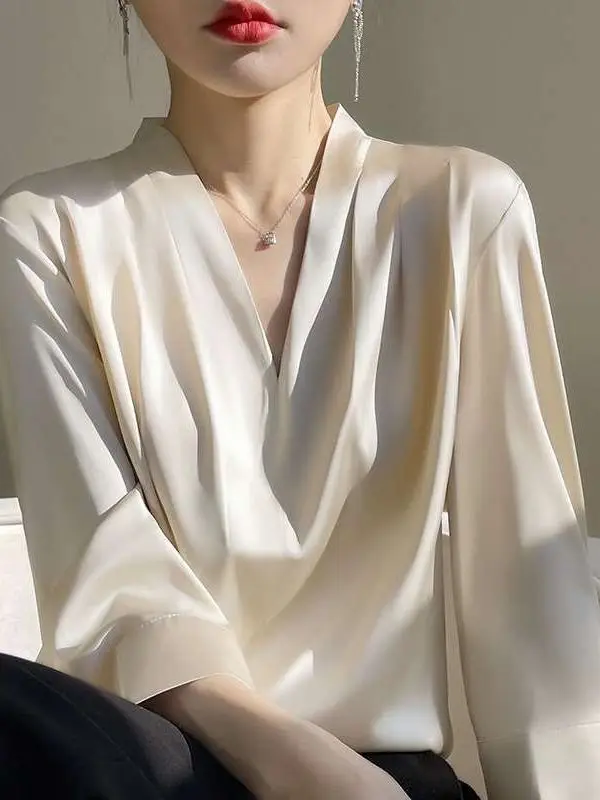 

Silk Satin Women's Shirt V Neck Simple Nine Sleeve Commute Style Polyester Fabric Waist Cinched Pure Color Non Deformable