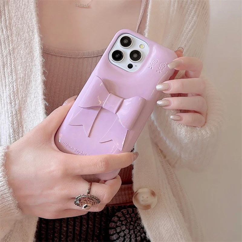 Korean Ins Laser Pink Bowknot Cute Phone Case For iPhone 16 Pro 15 14 13 Pro Max Back Cover Lovely Shockproof Cases 15Pro Funda